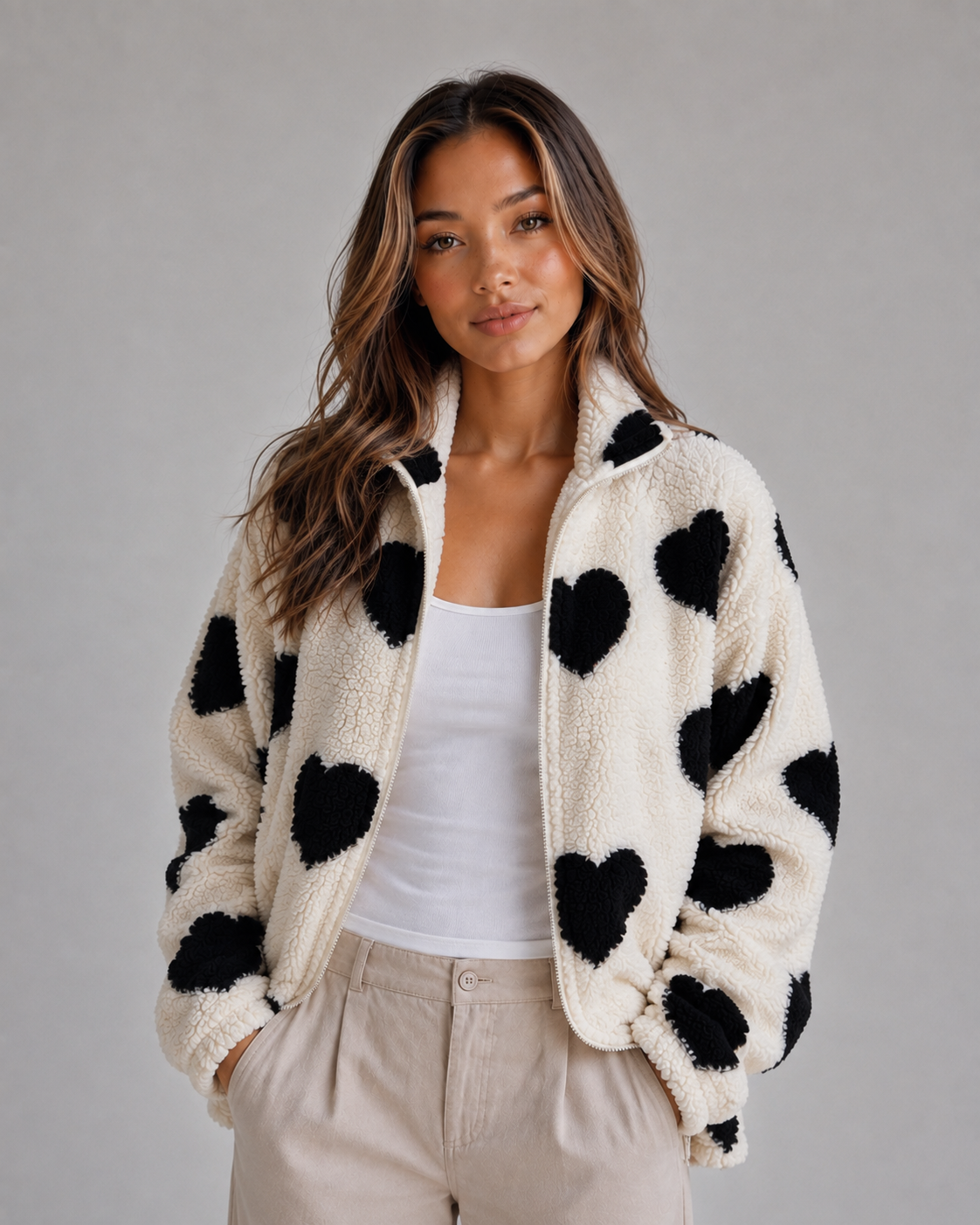 Heart Print Teddy Fleece Jacket – Zip Up Relaxed Fit Sherpa