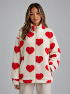 Heart Print Teddy Fleece Jacket – Zip Up Relaxed Fit Sherpa