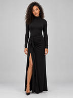 High Neck Ruched Maxi Dress – Long Sleeve Split Evening Gown