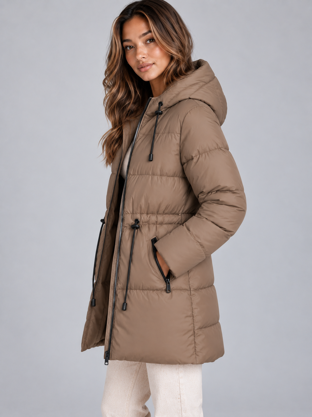 Hooded Puffer Jacket – Drawstring Waist Quilted Winter Coat