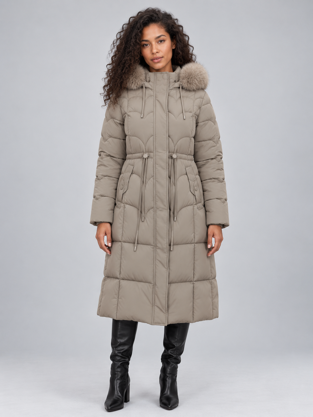 Longline Quilted Puffer Coat – Detachable Faux Fur Hooded Winter Jacket