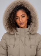 Longline Quilted Puffer Coat – Detachable Faux Fur Hooded Winter Jacket