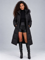 Longline Quilted Puffer Coat – Detachable Faux Fur Hooded Winter Jacket