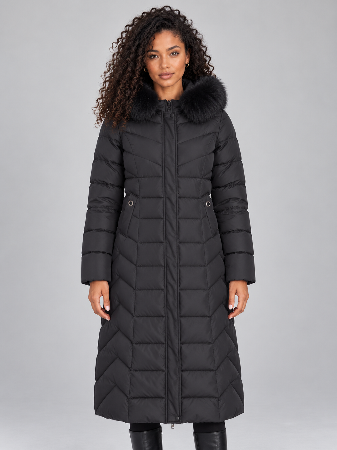 Longline Quilted Puffer Coat – Faux Fur Hooded Winter Jacket