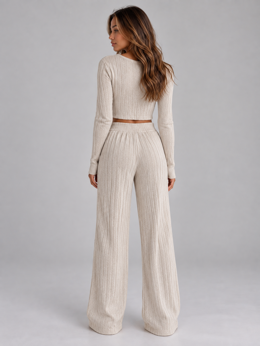 Ribbed Knit Co-Ord Set – Cropped Long Sleeve Top & Wide Leg Trousers