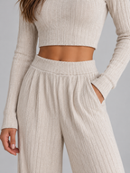 Ribbed Knit Co-Ord Set – Cropped Long Sleeve Top & Wide Leg Trousers