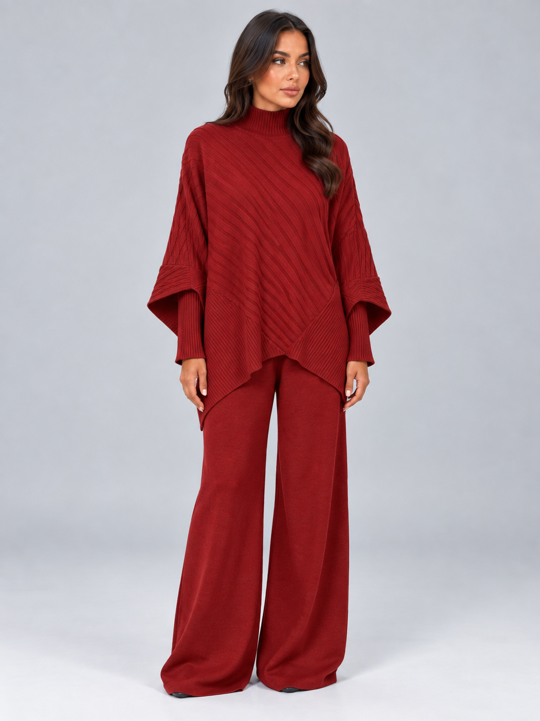 Ribbed Knit Co-Ord Set – Jumper & Wide Leg Trousers Two-Piece Outfit