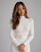 Ribbed Knit Midi Dress with Belt – Roll Neck Long Sleeve Jumper Dress