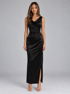 Satin Look Cowl Neck Maxi Dress – Sleeveless Ruched Evening Gown