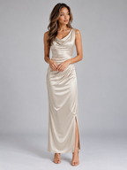 Satin Look Cowl Neck Maxi Dress – Sleeveless Ruched Evening Gown