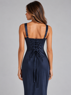 Satin Look Square Neck Maxi Dress – Ruched Corset Back Evening Gown