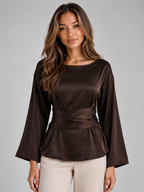 Satin Look Tie Waist Blouse – Long Sleeve Draped Evening Top