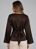 Satin Look Tie Waist Blouse – Long Sleeve Draped Evening Top