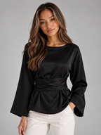 Satin Look Tie Waist Blouse – Long Sleeve Draped Evening Top