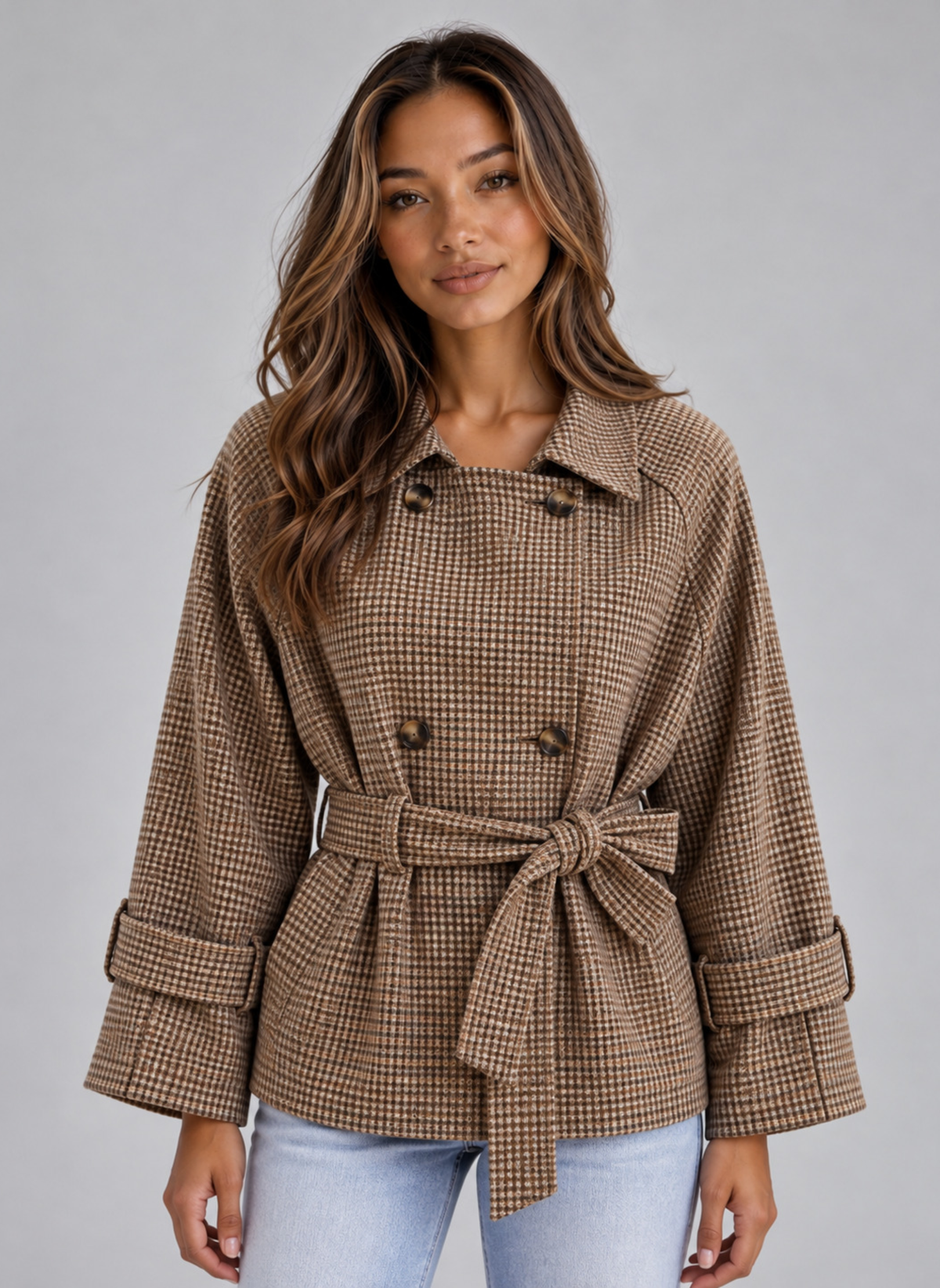 Short Trench Coat – Double Breasted Belted Jacket with Check Pattern