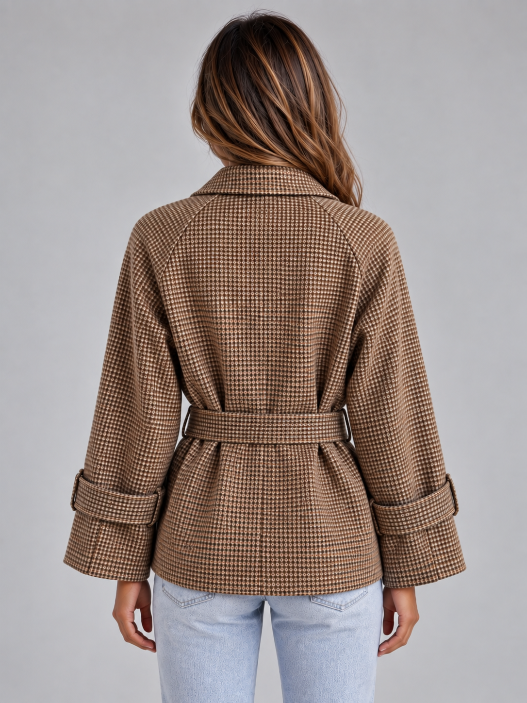 Short Trench Coat – Double Breasted Belted Jacket with Check Pattern