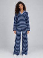 Striped Knit Two-Piece Set – Collared Jumper & Wide Leg Trousers