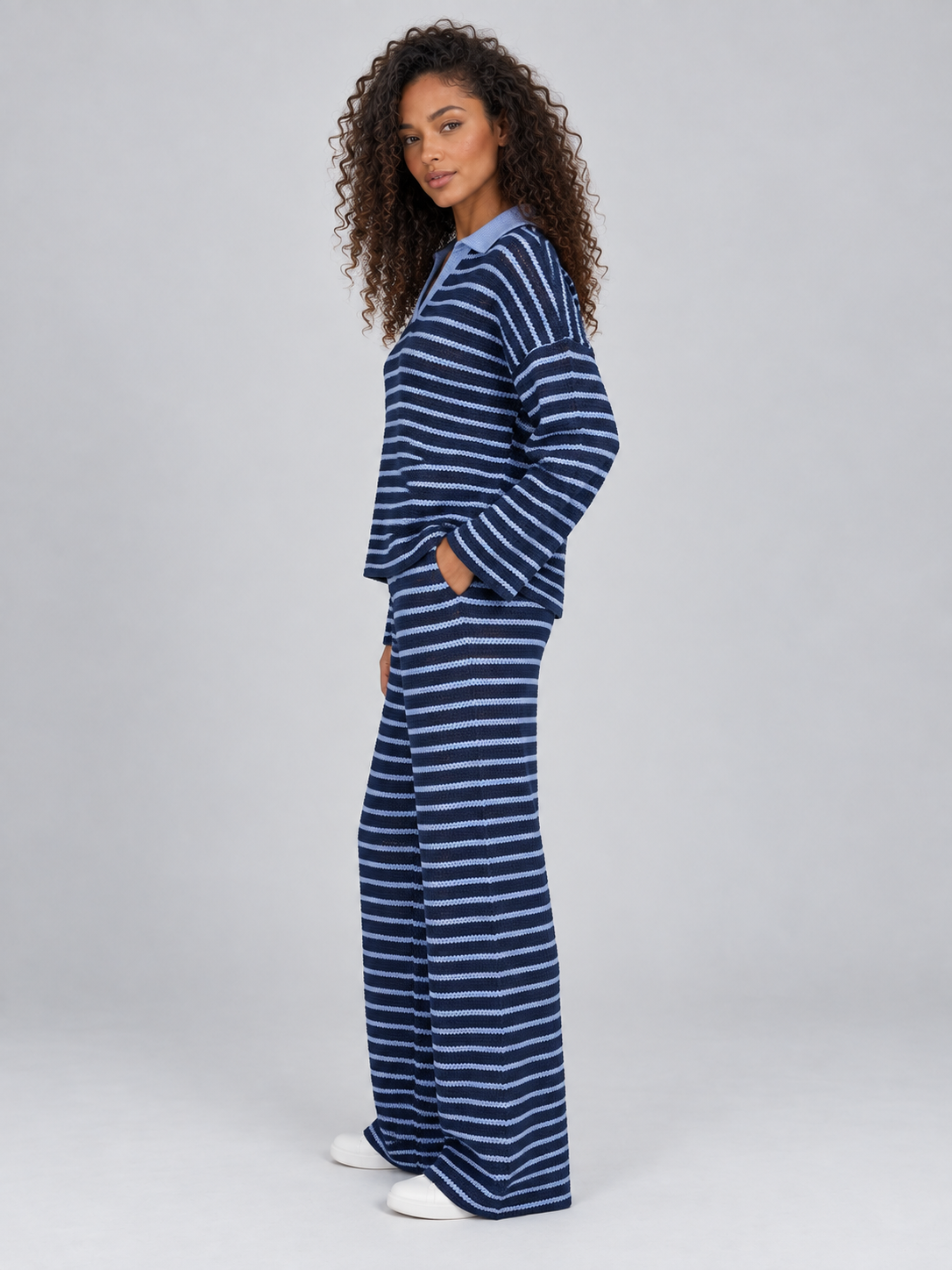 Striped Knit Two-Piece Set – Collared Jumper & Wide Leg Trousers