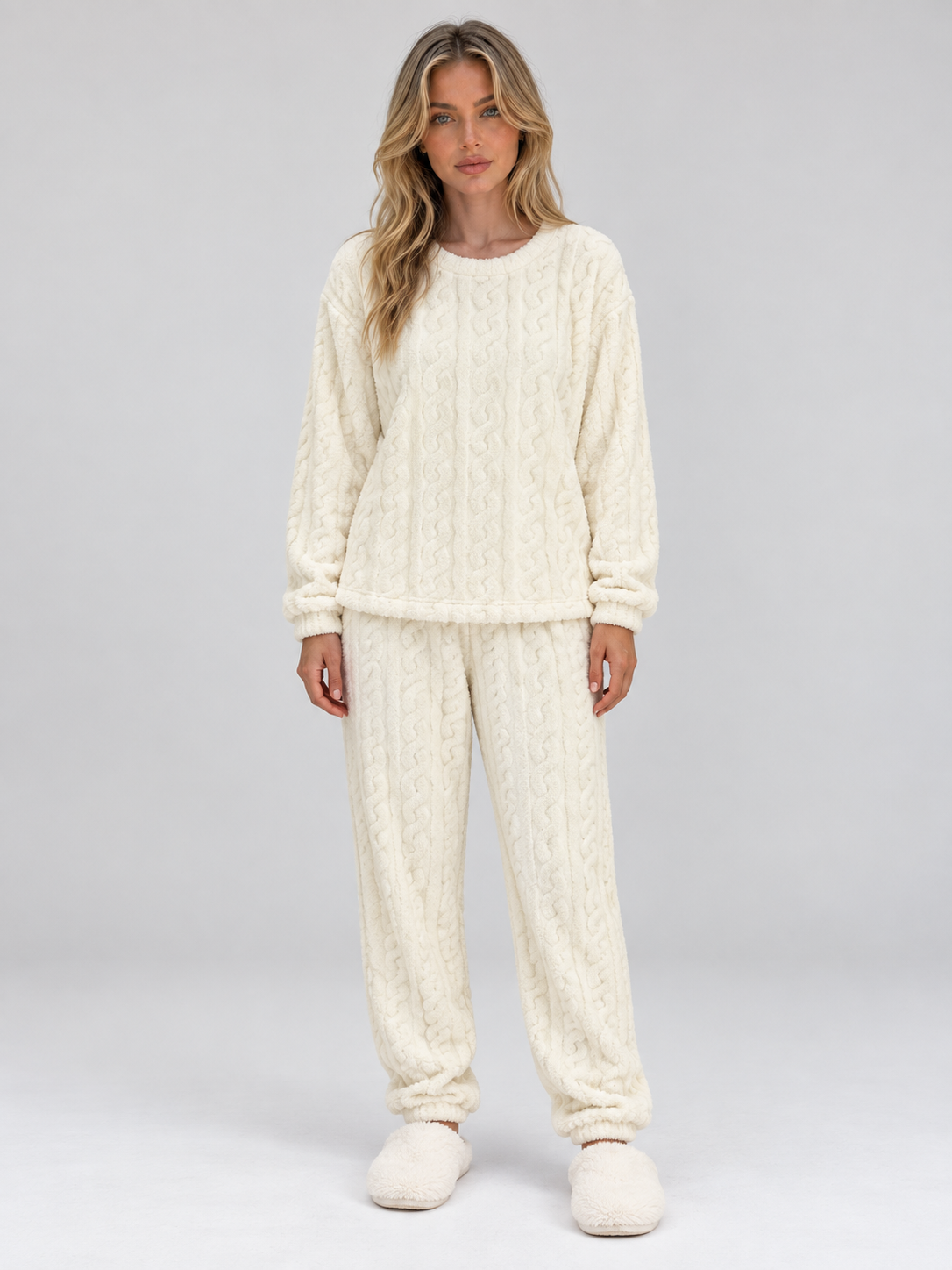 Thermal Fleece Pyjama Set – Cable Knit Textured Top & Trousers