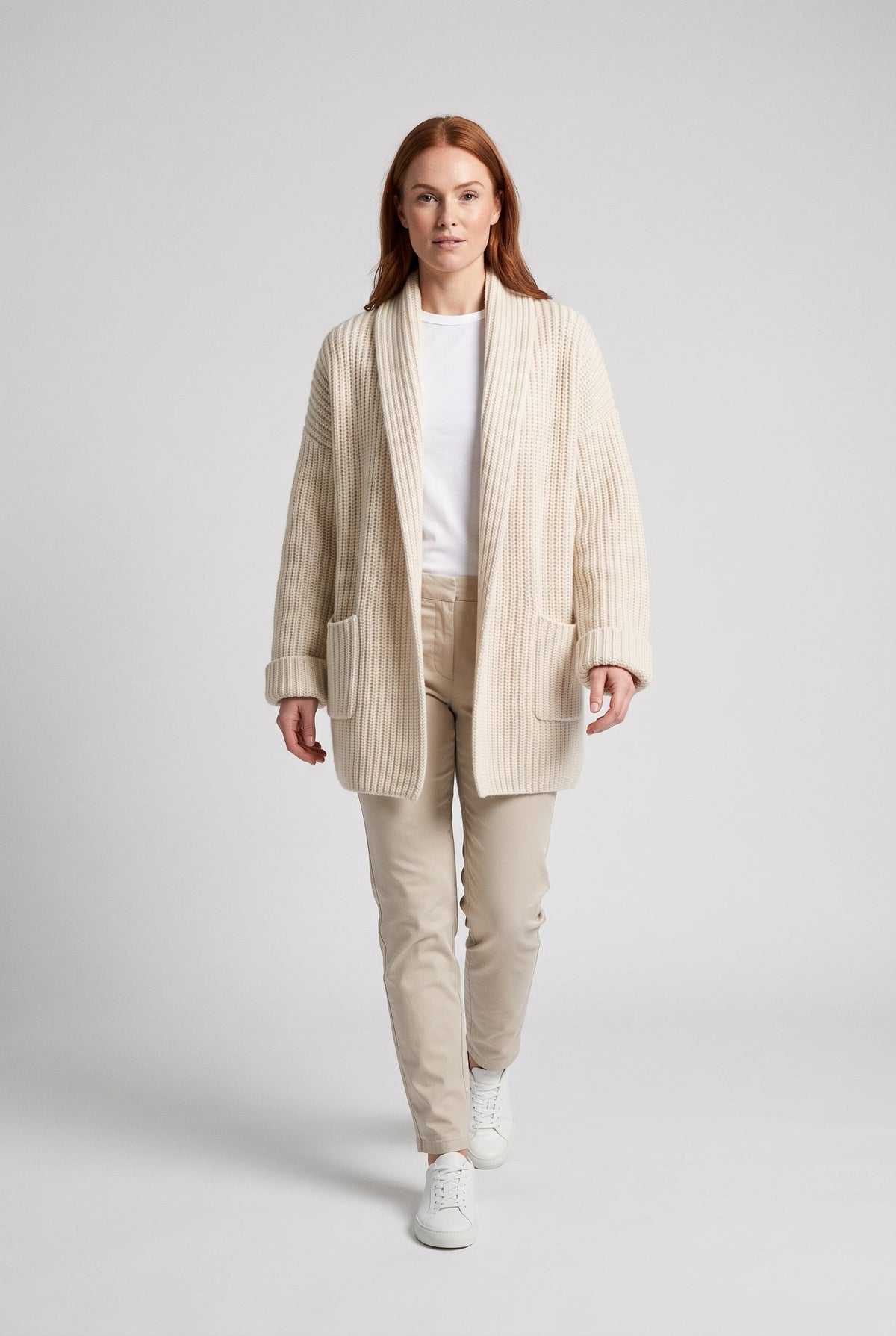Jacket – Women's Beige Knit Cardigan Coat, Relaxed Fit