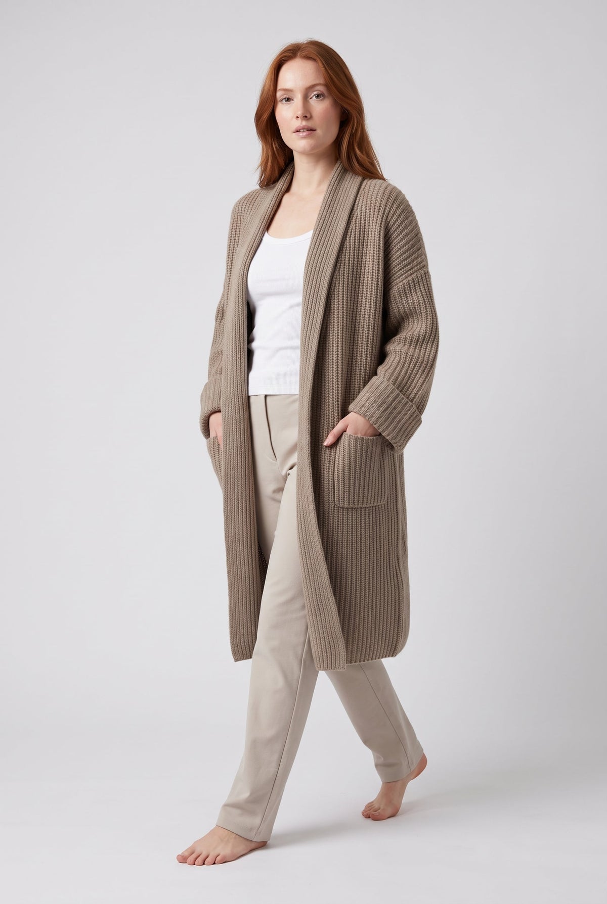 Jacket – Women's Beige Knit Cardigan Coat, Relaxed Fit