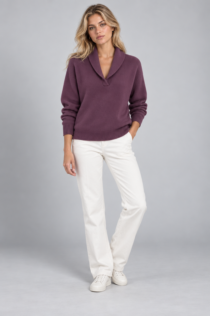 Ribbed Knit Sweater – Relaxed V-Neck Long Sleeve