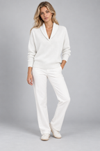 Ribbed Knit Sweater – Relaxed V-Neck Long Sleeve