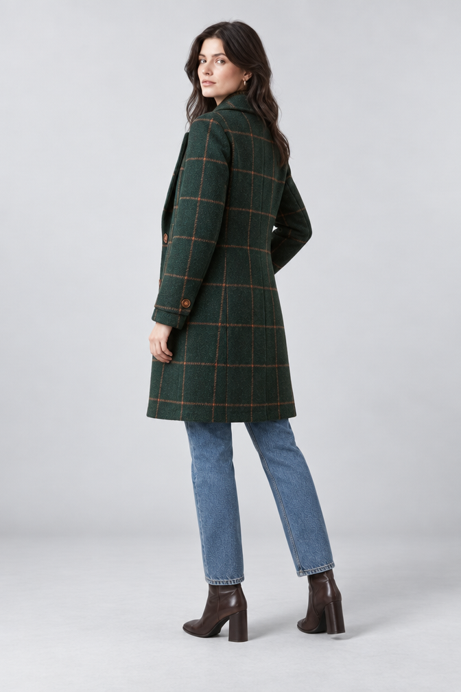 Green Wool Coat – Women's Green Checked Wool-Blend Coat