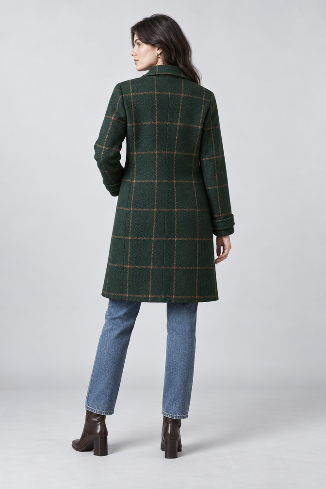 Green Wool Coat – Women's Green Checked Wool-Blend Coat