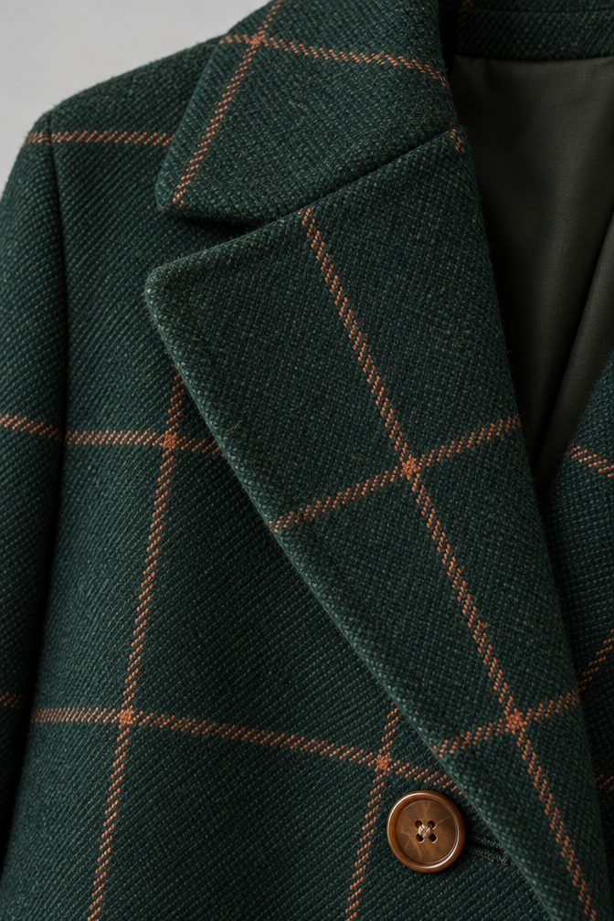Green Wool Coat – Women's Green Checked Wool-Blend Coat
