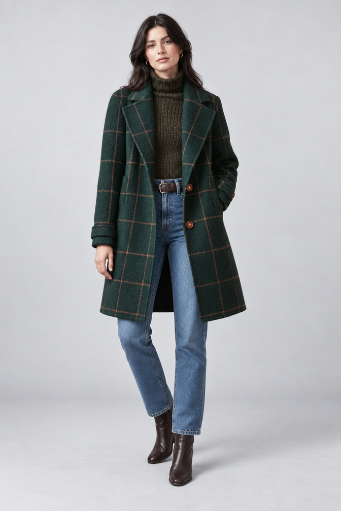 Green Wool Coat – Women's Green Checked Wool-Blend Coat