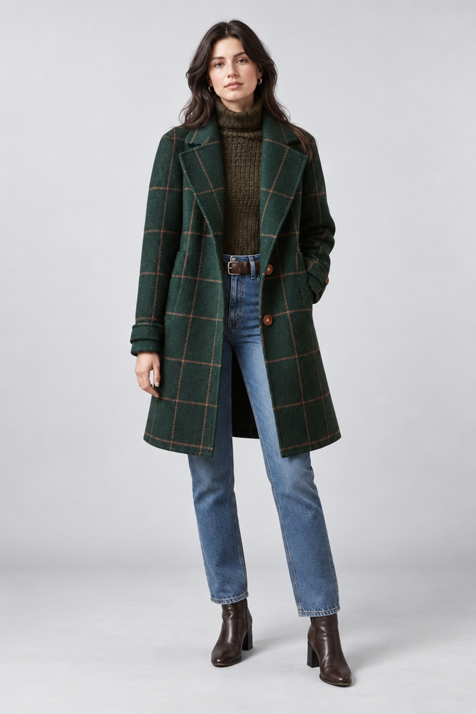 Green Wool Coat – Women's Green Checked Wool-Blend Coat