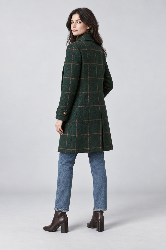 Green Wool Coat – Women's Green Checked Wool-Blend Coat