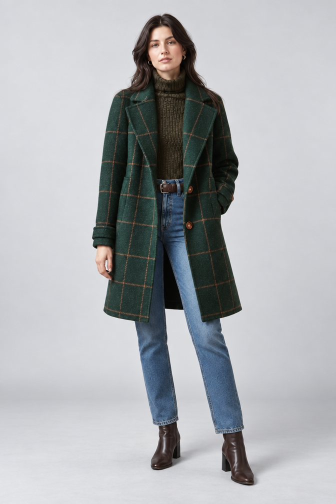 Green Wool Coat – Women's Green Checked Wool-Blend Coat