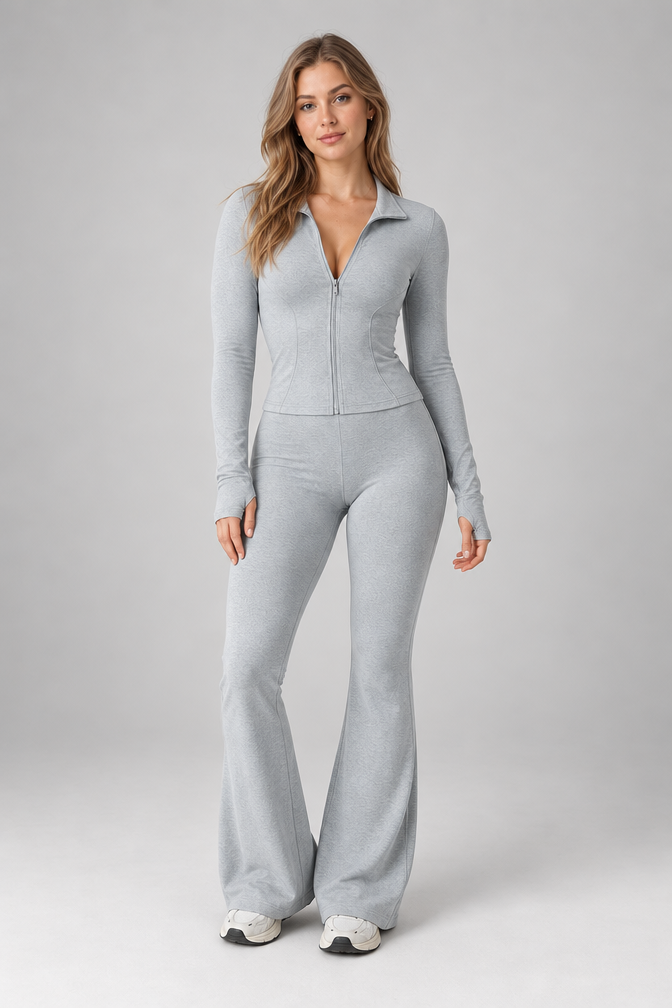 Ribbed Zip Top and Flared Trousers Set