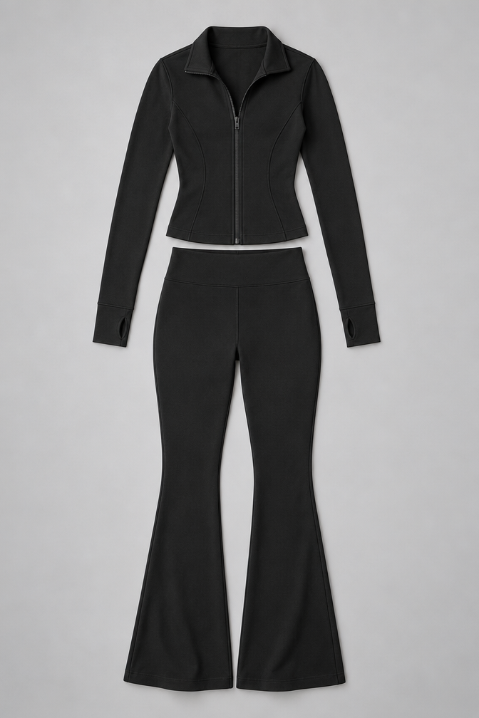 Ribbed Zip Top and Flared Trousers Set