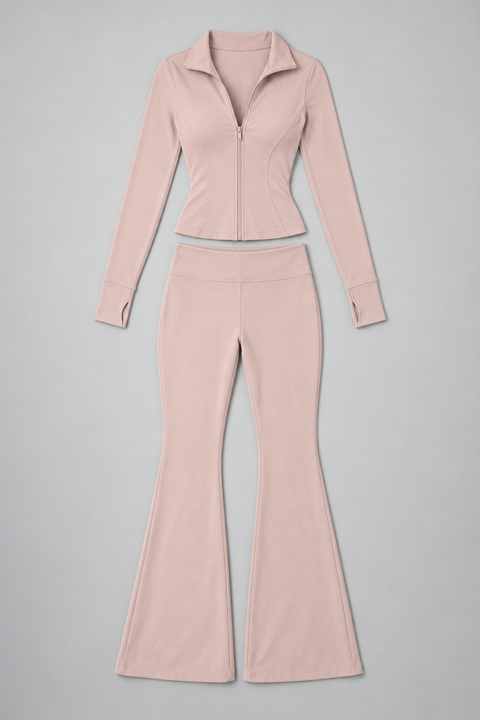 Ribbed Zip Top and Flared Trousers Set
