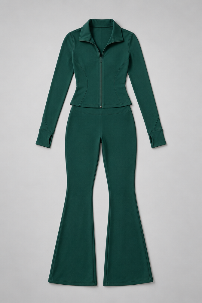 Ribbed Zip Top and Flared Trousers Set