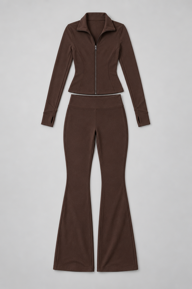 Ribbed Zip Top and Flared Trousers Set