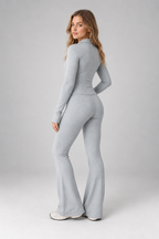 Ribbed Zip Top and Flared Trousers Set