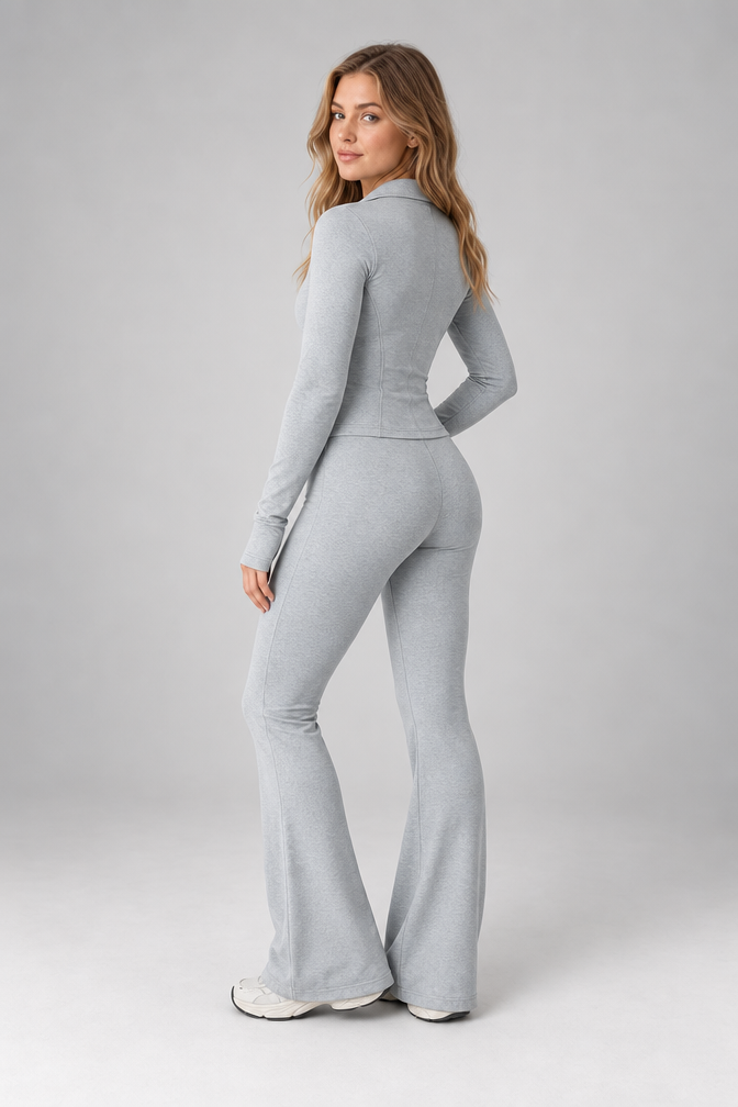 Ribbed Zip Top and Flared Trousers Set