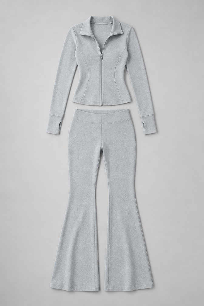 Ribbed Zip Top and Flared Trousers Set