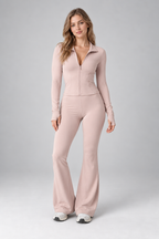 Ribbed Zip Top and Flared Trousers Set