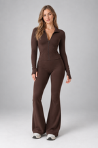 Ribbed Zip Top and Flared Trousers Set