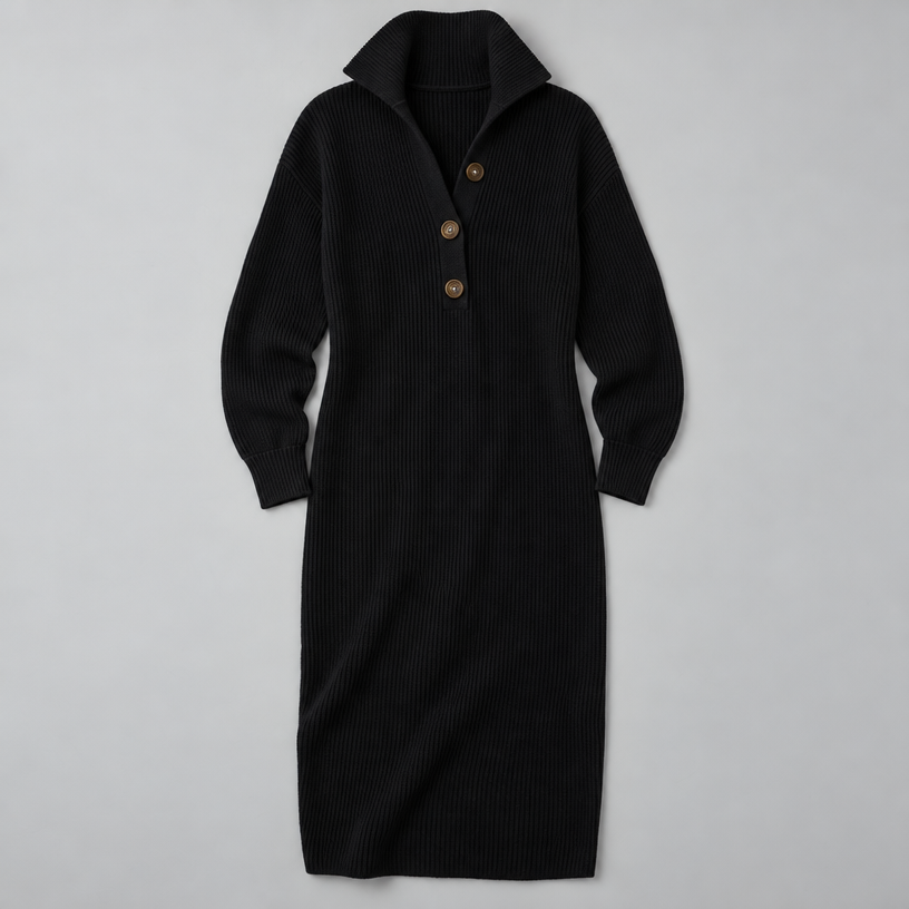 Midi Knit Dress – Mock Neck Long Sleeve Relaxed Fit