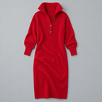 Midi Knit Dress – Mock Neck Long Sleeve Relaxed Fit