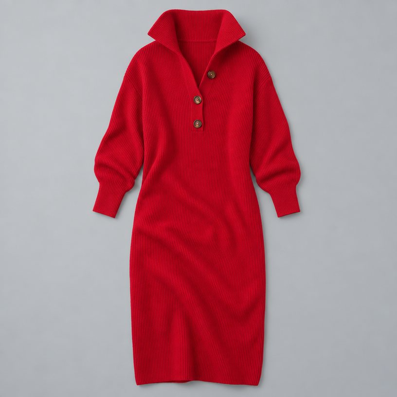 Midi Knit Dress – Mock Neck Long Sleeve Relaxed Fit