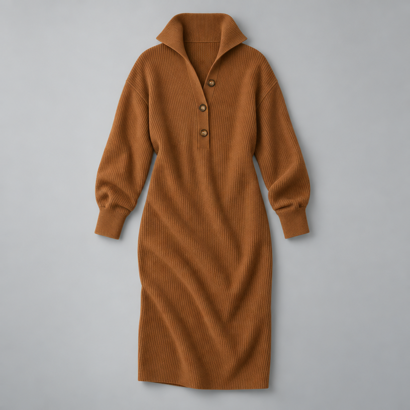 Midi Knit Dress – Mock Neck Long Sleeve Relaxed Fit