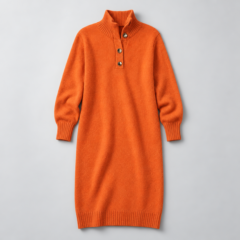 Midi Knit Dress – Mock Neck Long Sleeve Relaxed Fit
