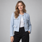 Cropped Tweed Blazer – Collarless Gold-Button Jacket